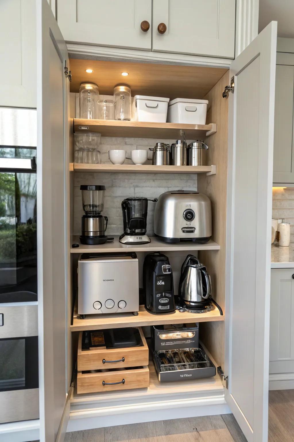 Slide-out shelving offers easy access to kitchen gadgets, enhancing both functionality and organization.