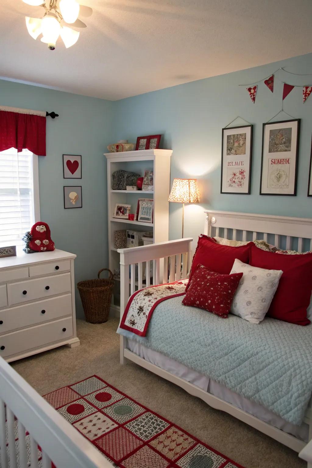 Vibrant red accents bring a dynamic energy to a baby blue bedroom.