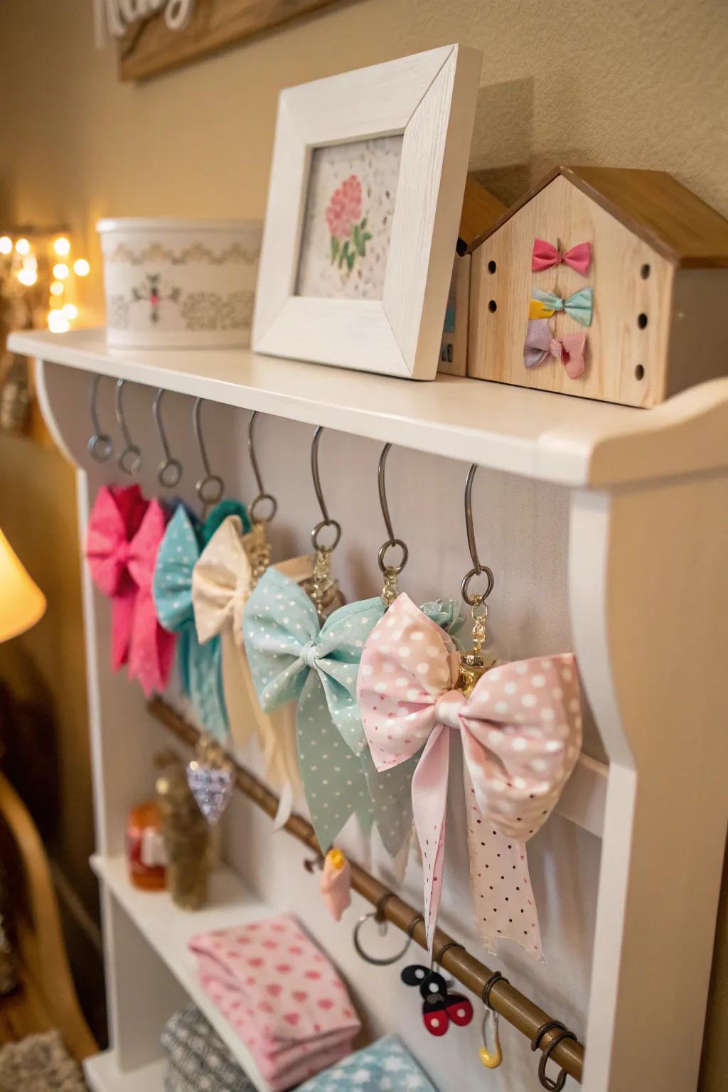 Shelving units with hooks combine storage and display for bows.