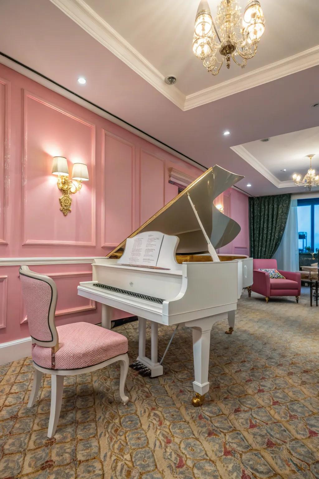 A harmonious color scheme unites the baby grand piano with the room.