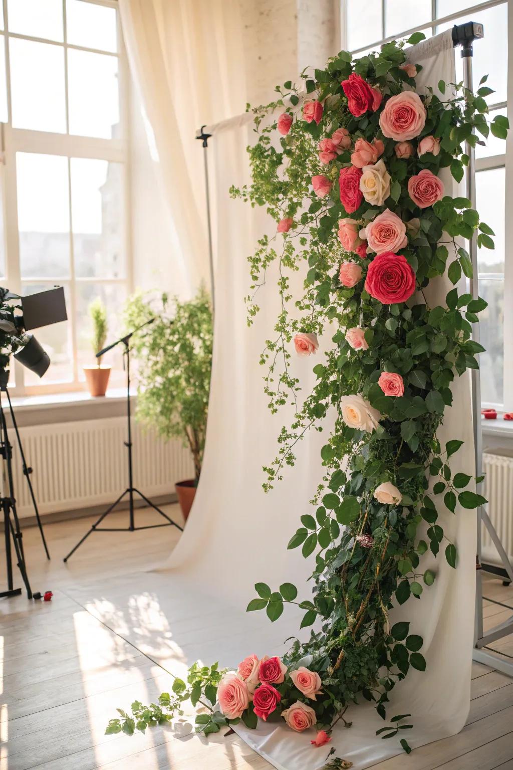 A floral fantasy backdrop with fresh roses and greenery.