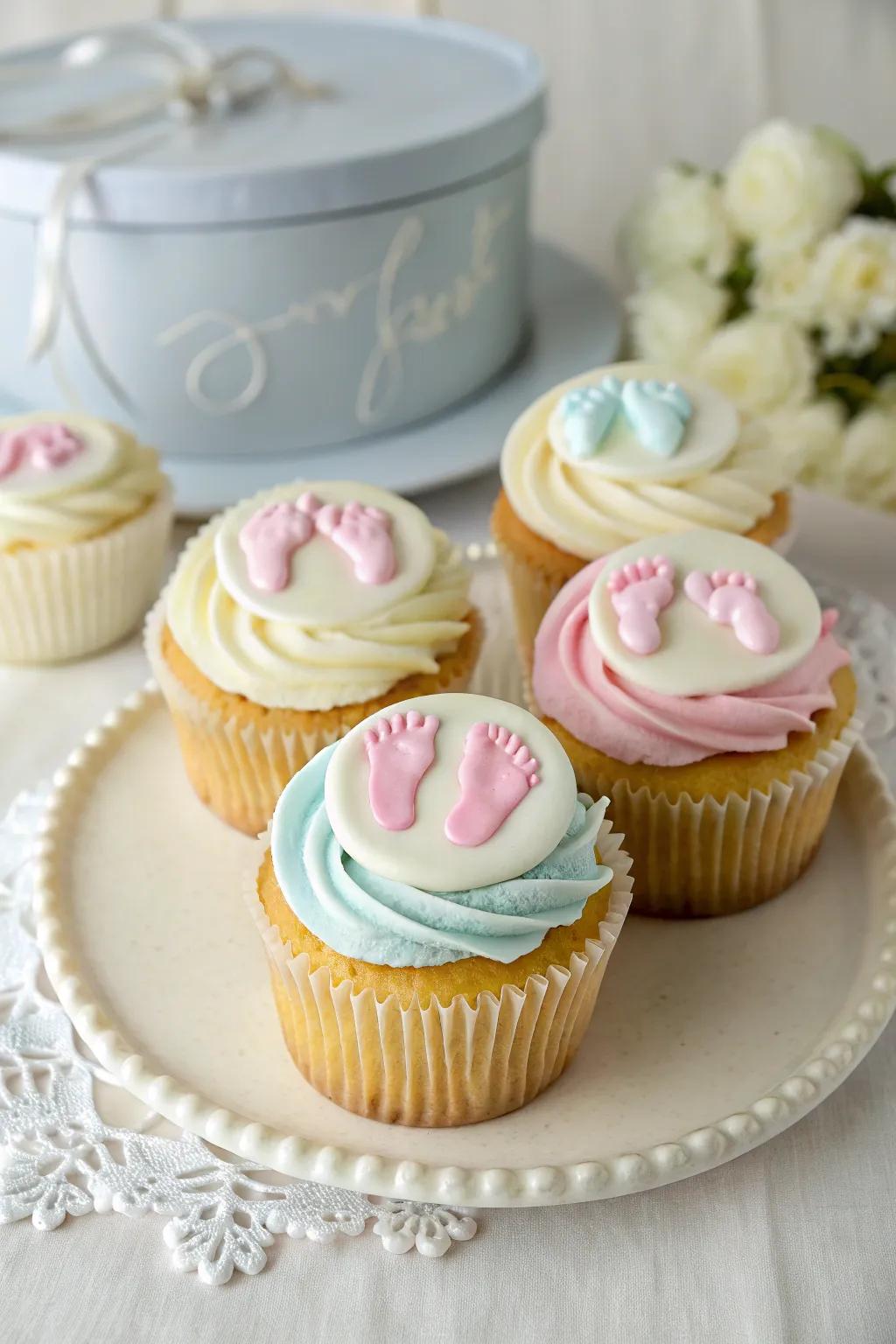 Charming cupcakes adorned with fondant footprints for a personal touch.