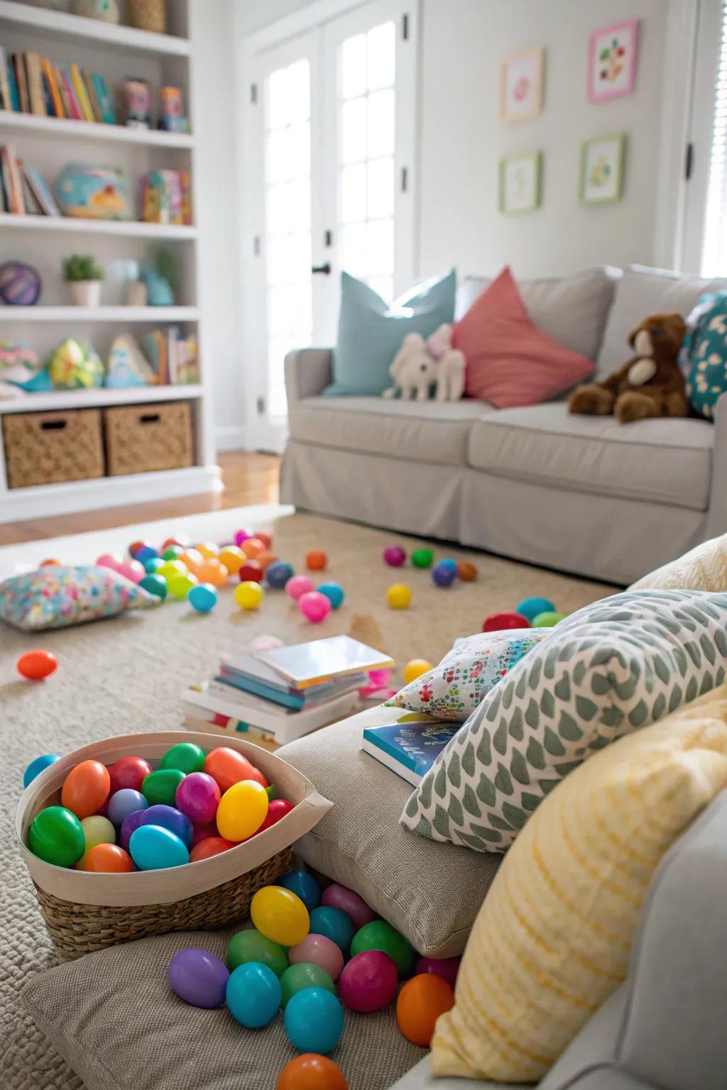 An indoor egg hunt setup perfect for little explorers.