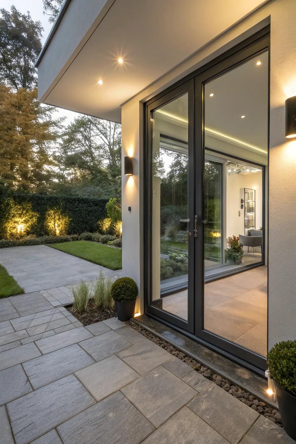 Sleek recessed lighting enhances a modern back door design.