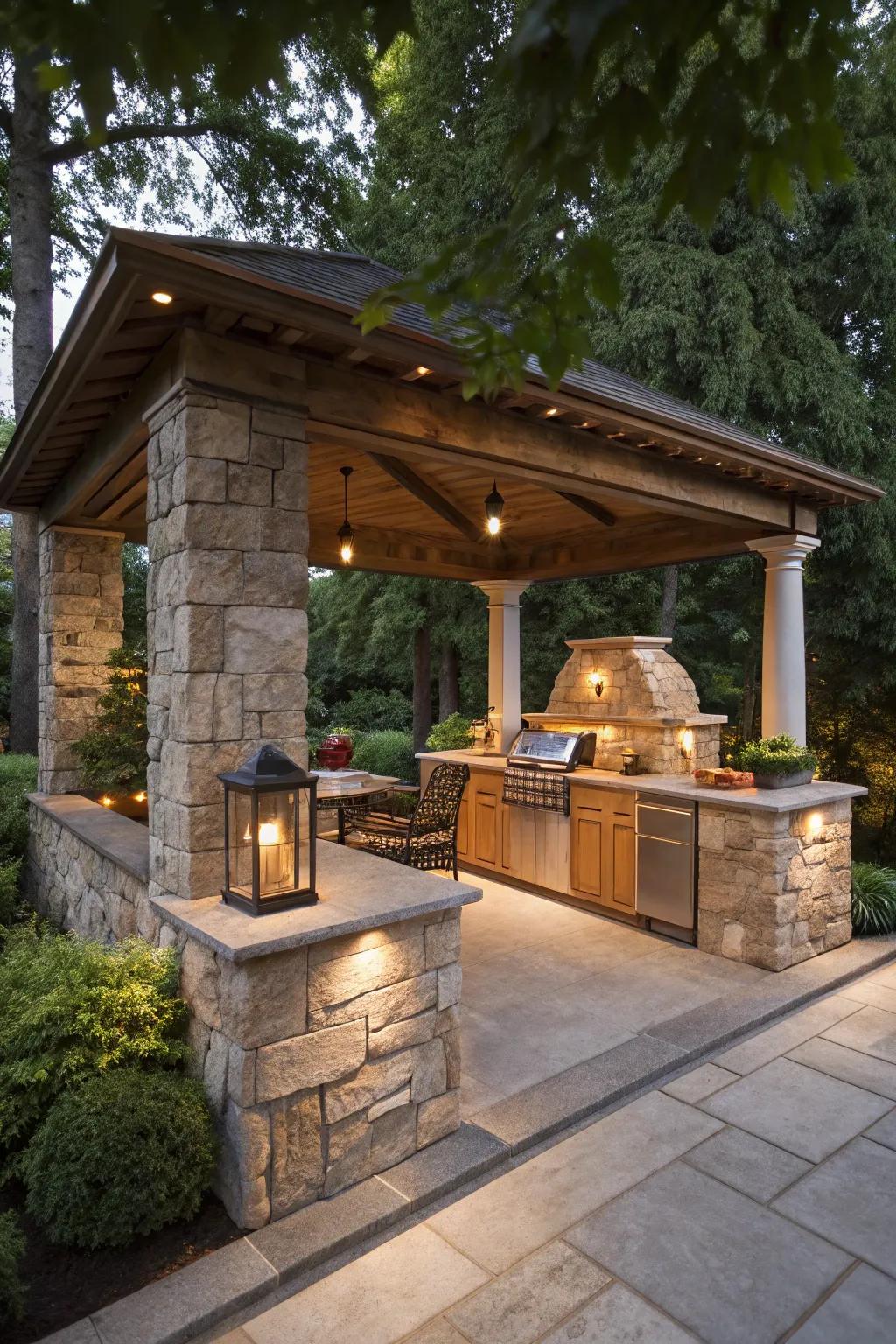 A stone pavilion ensures durability and classic style for your outdoor kitchen.