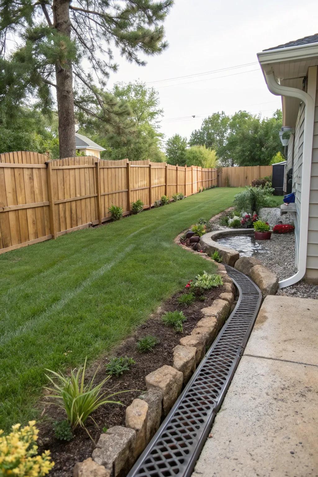 A well-placed French drain keeping a backyard dry and vibrant.