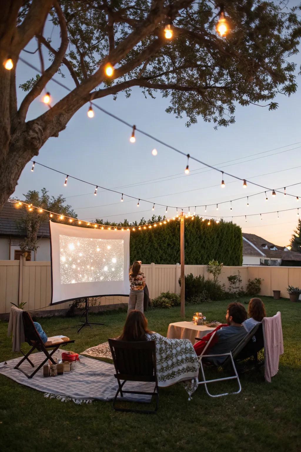 String lights add a magical touch to your backyard movie setting.