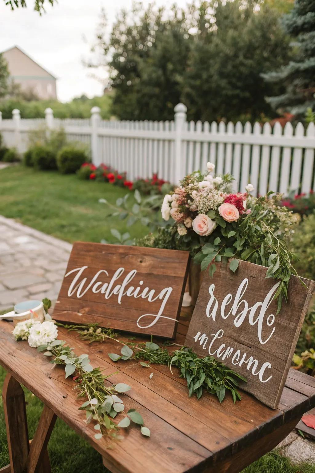 Rustic wooden signs add charm and guidance for wedding guests.