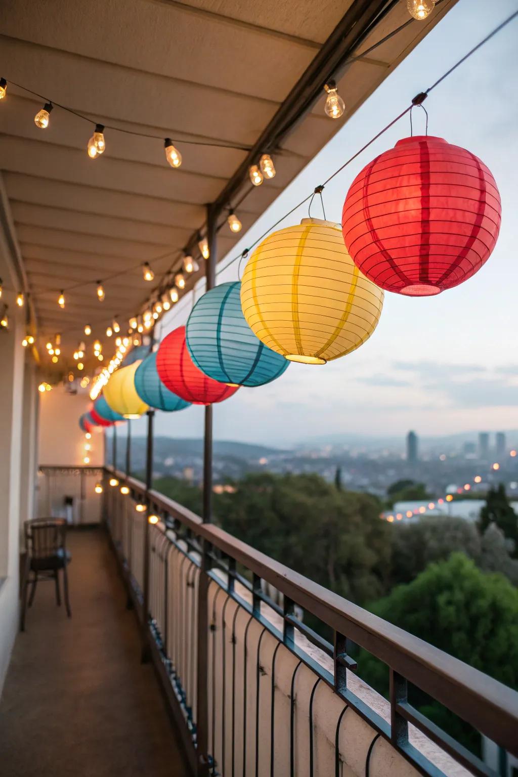 Paper lanterns add a whimsical and festive atmosphere to your balcony.