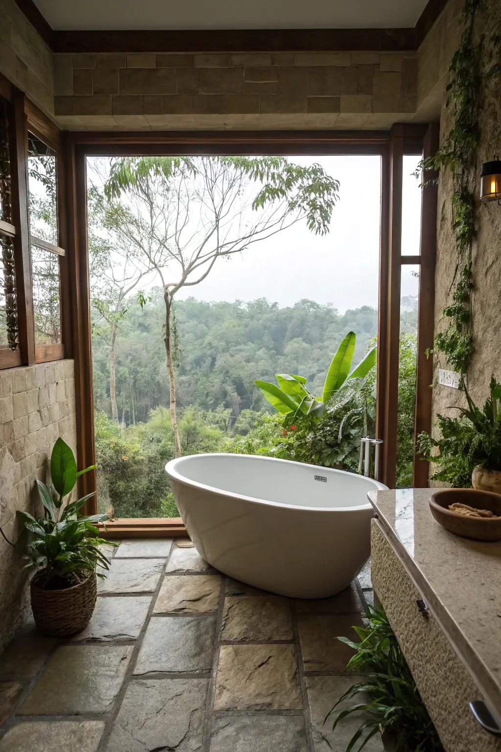 A freestanding bathtub positioned to enjoy natural views.