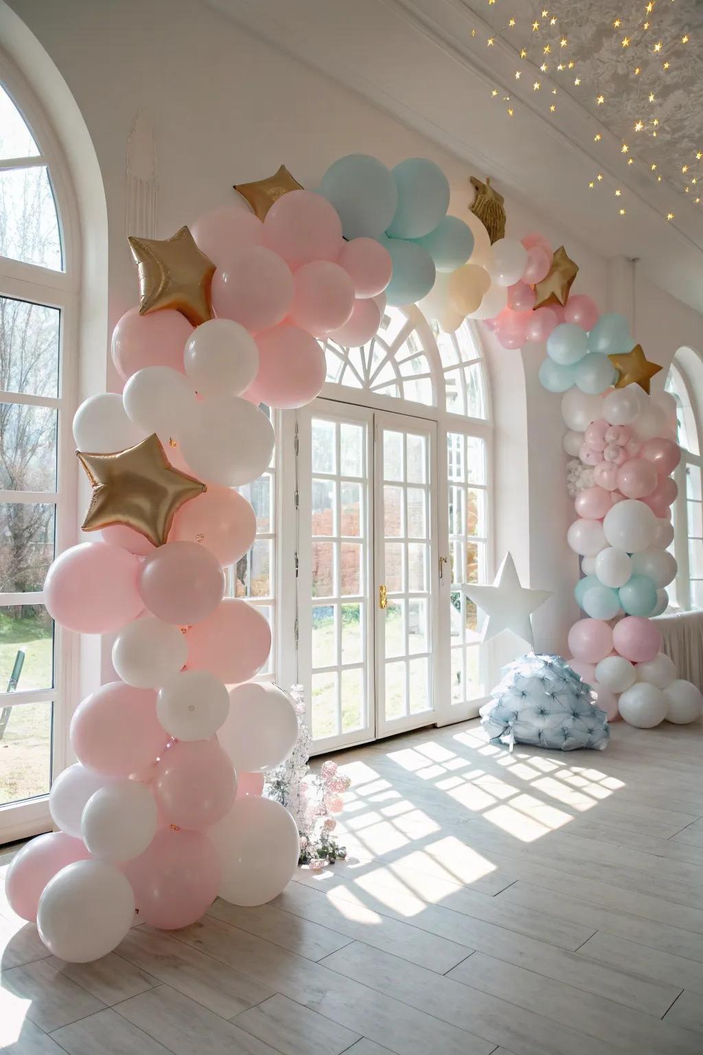 Thematic balloon arrangements create a magical night sky ambiance.