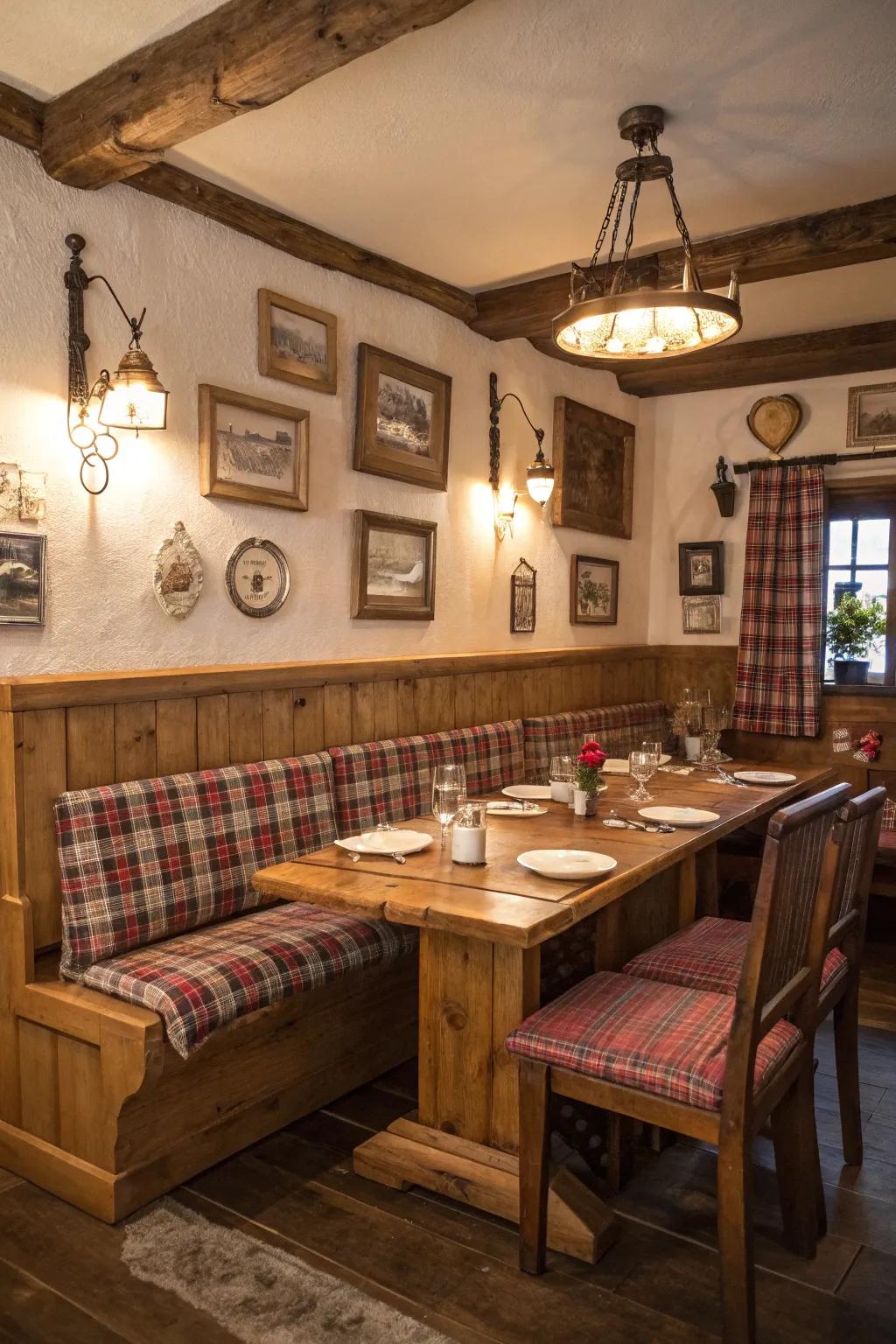 A rustic dining room featuring wooden banquette seating for a cozy ambiance.