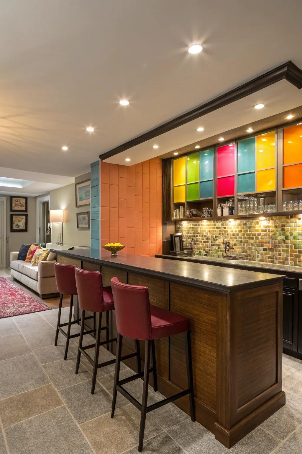 A home bar featuring a bold color block backsplash in vibrant hues.