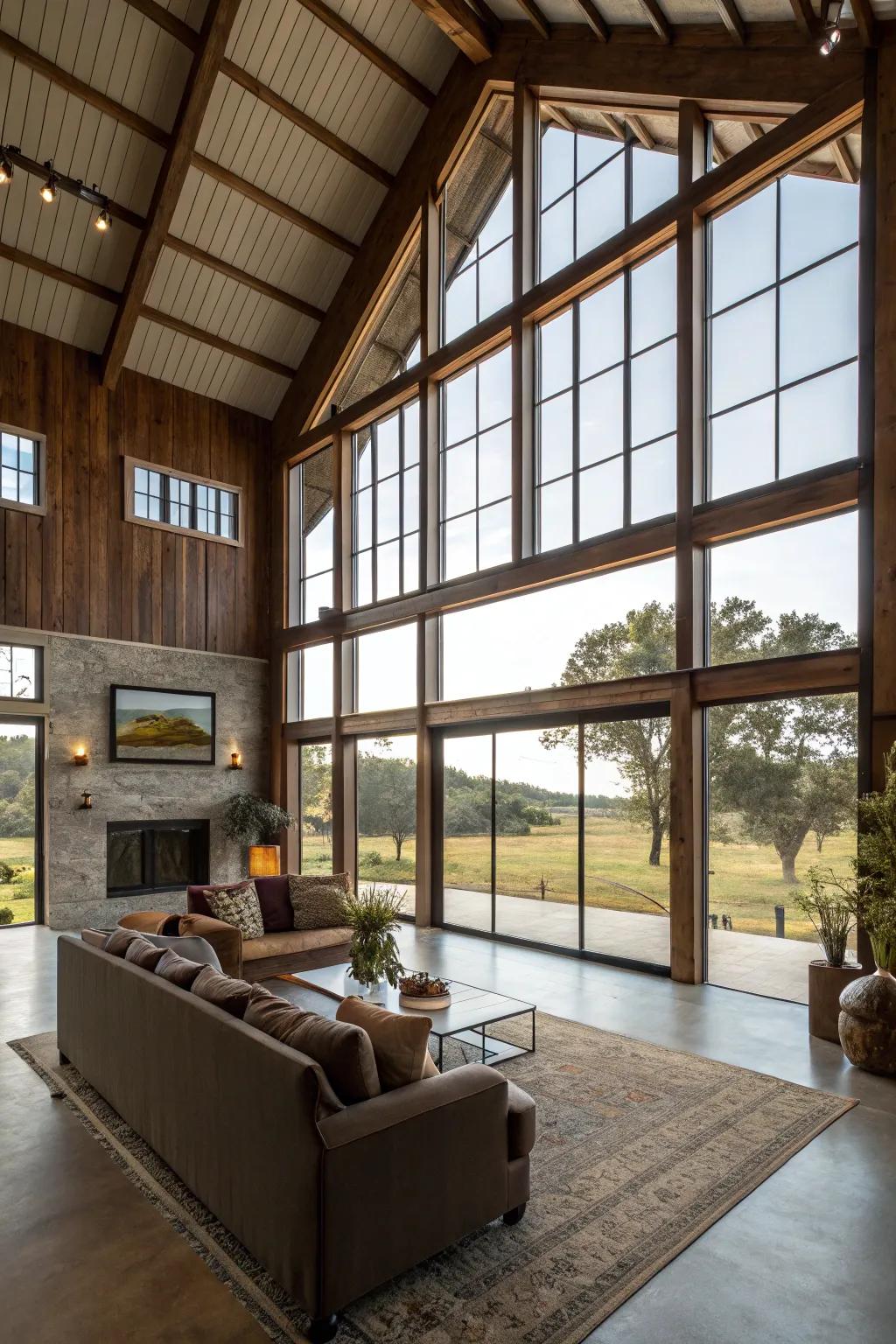 Natural light streaming through large windows in this bright barndominium.