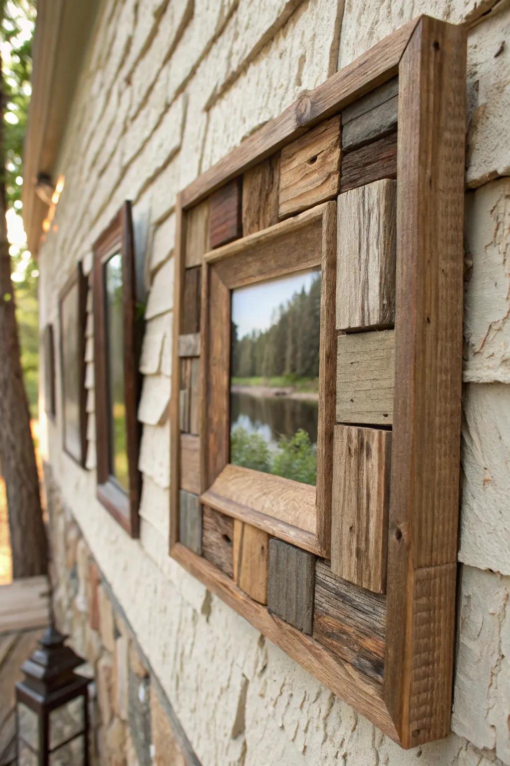 An asymmetric barnwood frame with layered design.