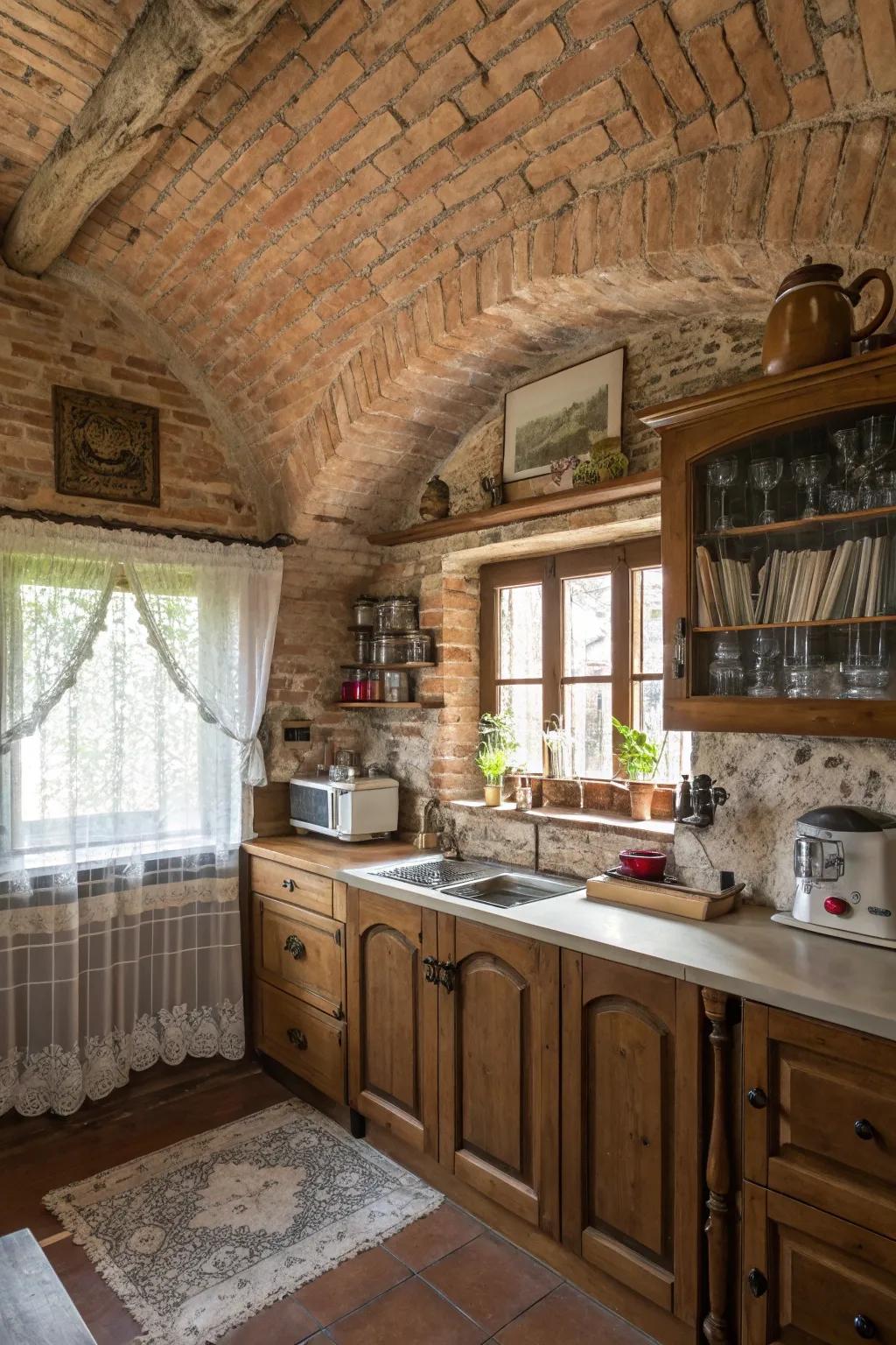 A rustic kitchen enhanced by an exposed brick barrel ceiling.