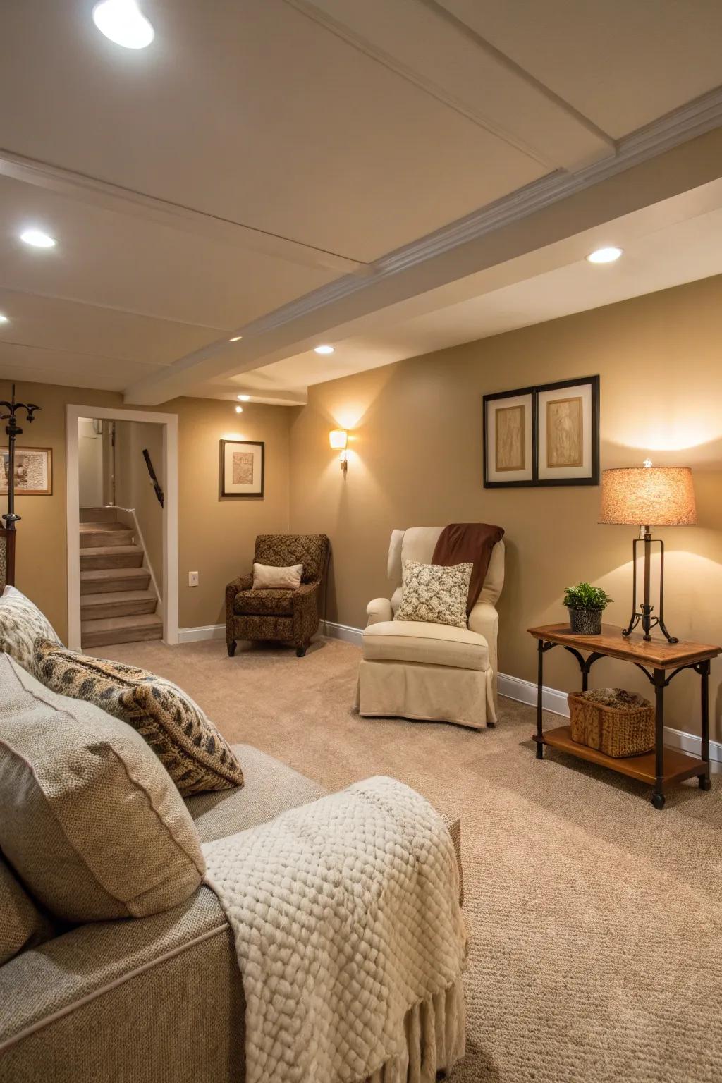 Beige walls and warm lighting create a cozy atmosphere.