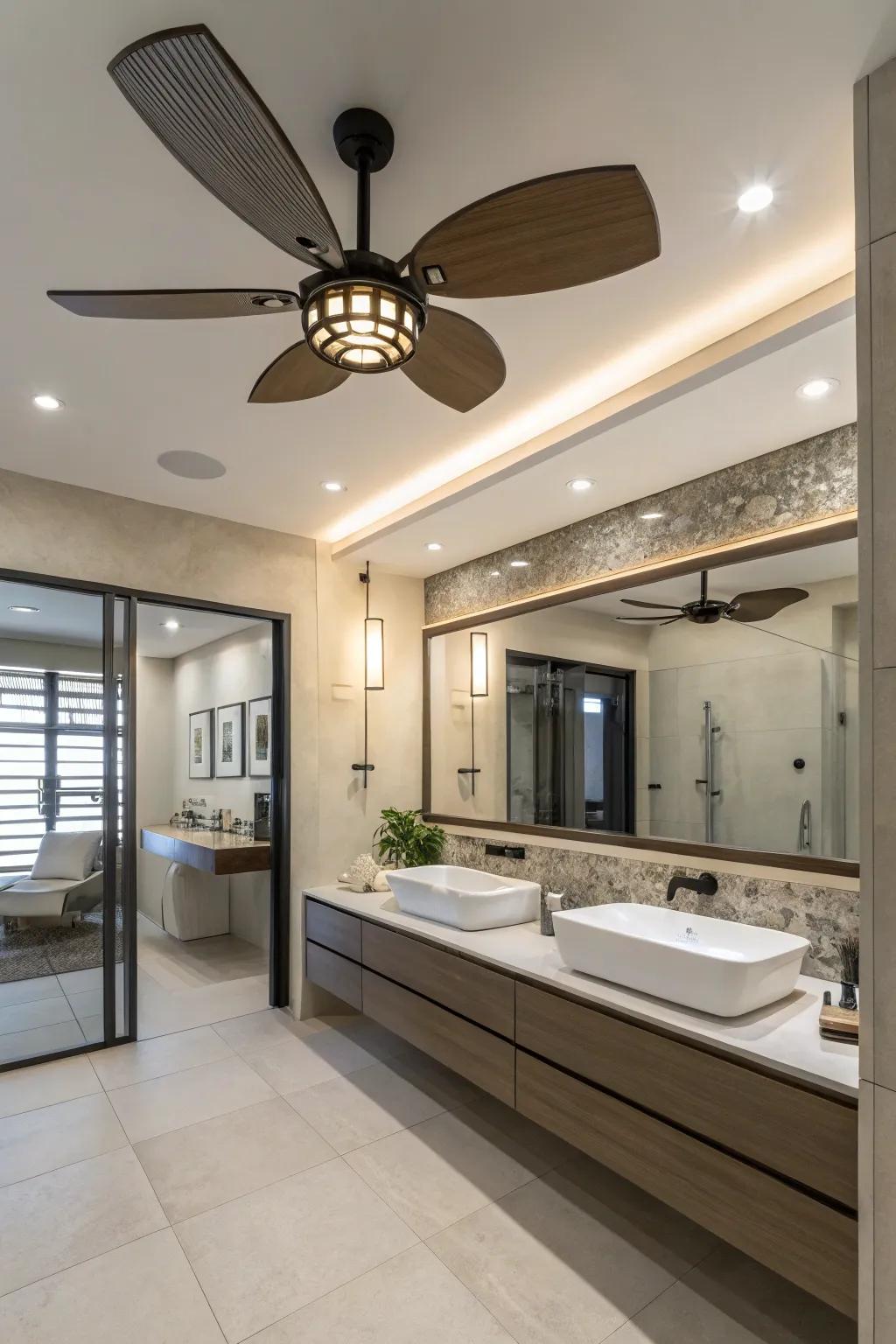 A modern bathroom with a sleek, contemporary ceiling fan with light.