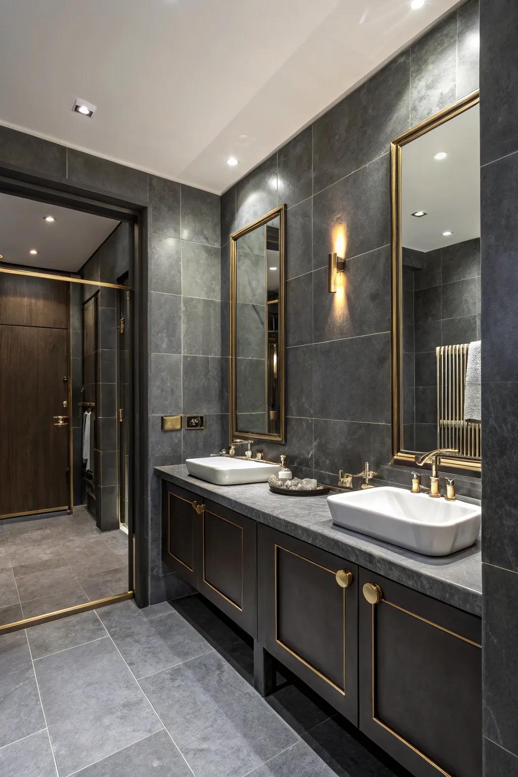 Charcoal gray adds a sophisticated touch to the bathroom.