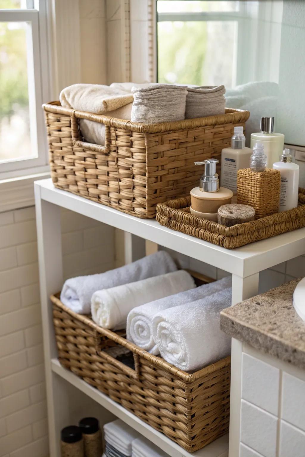 Wicker baskets add texture and functionality.