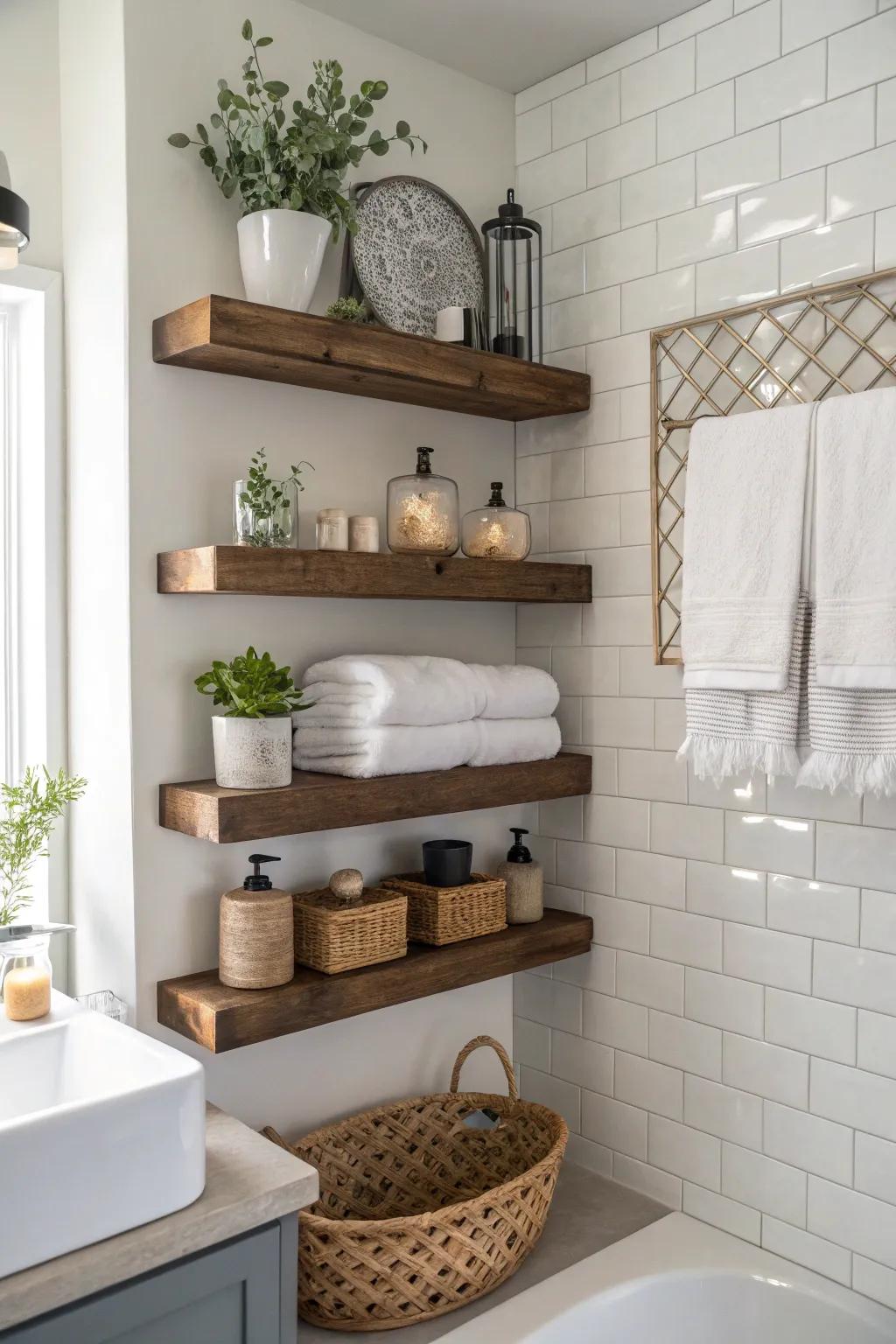 Enhance your bathroom's style and functionality with creative shelving.