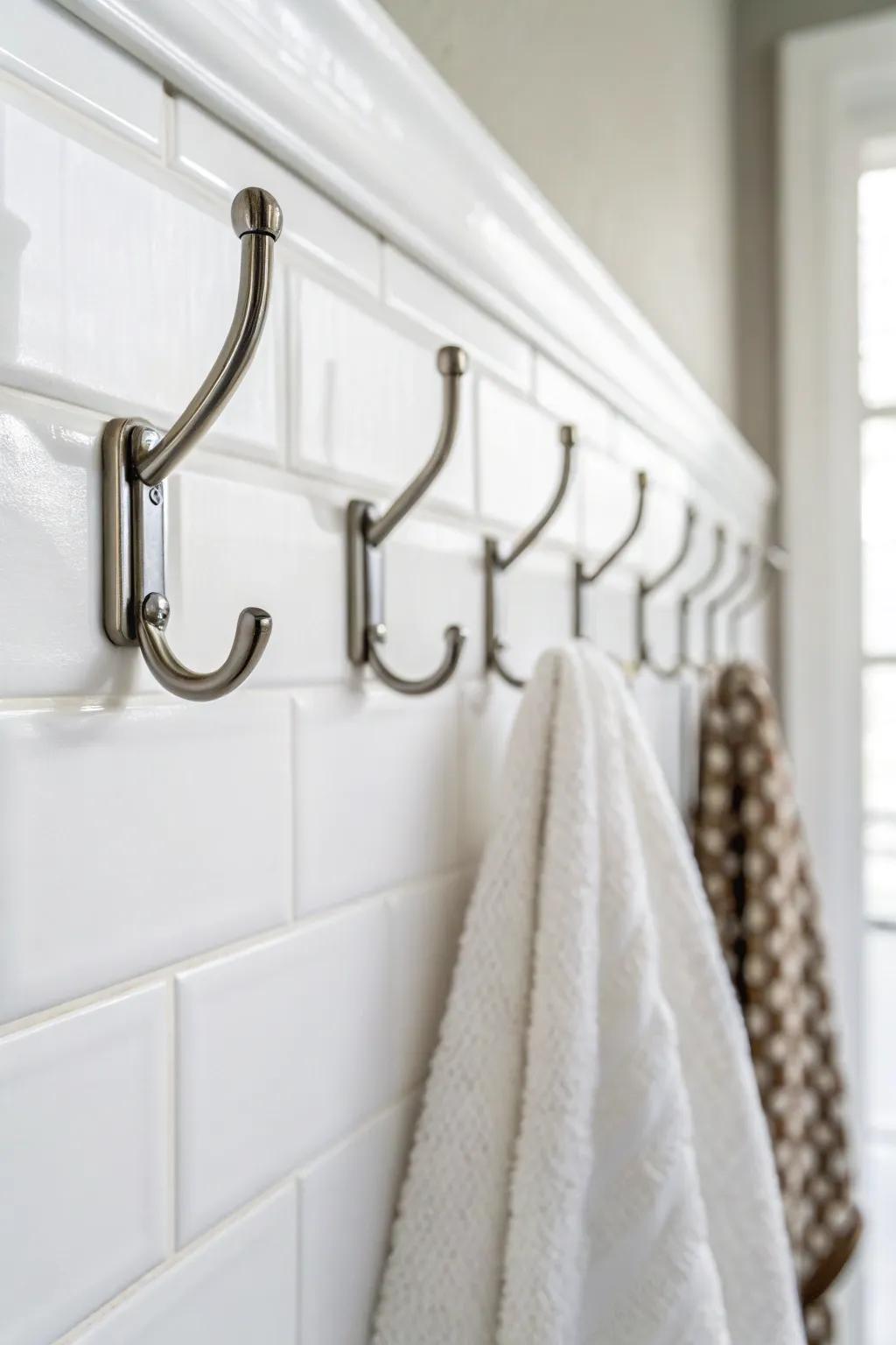 Minimalist hooks keep your bathroom sleek and tidy.