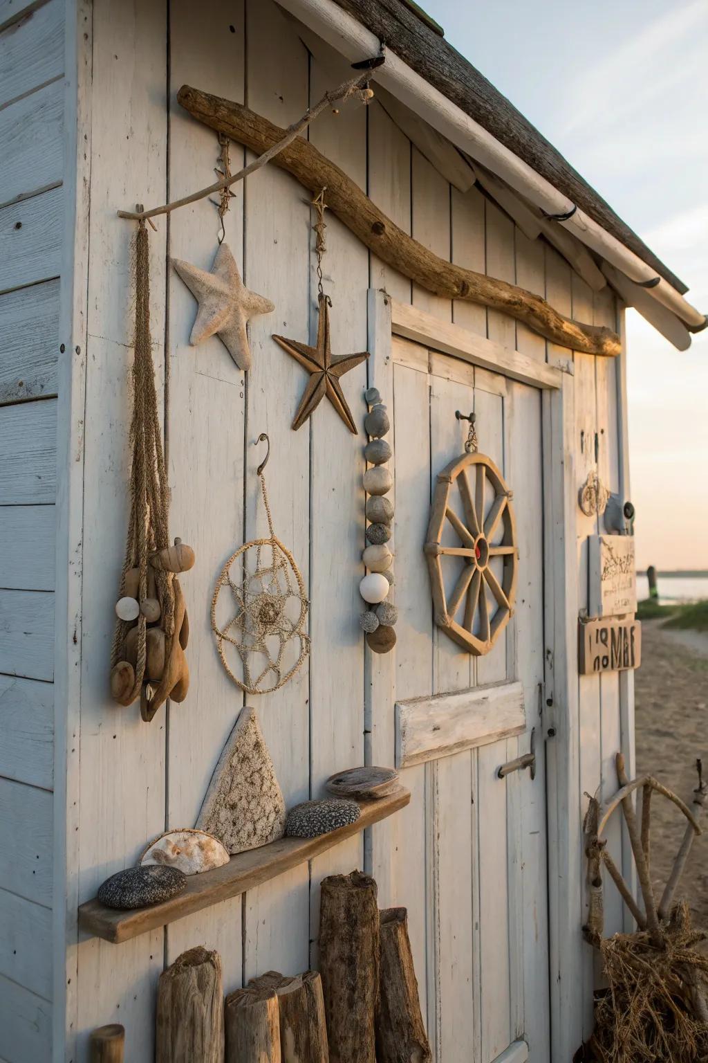 Rustic driftwood decor adds natural charm to a beach shed.