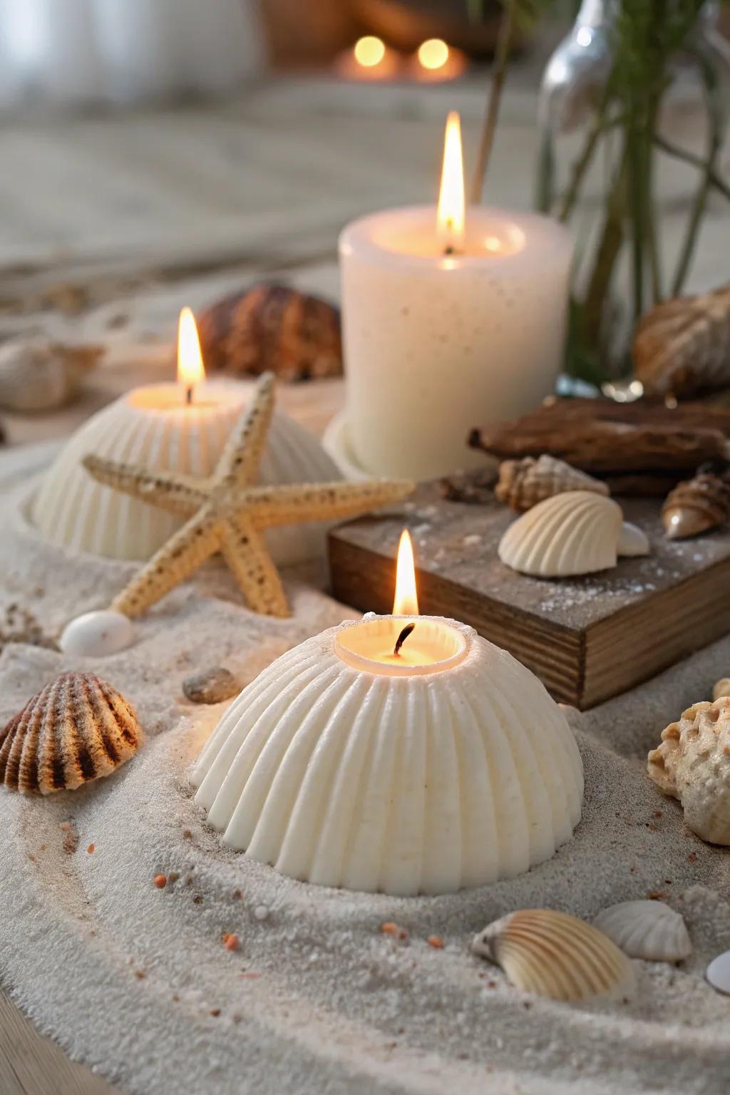 Seashell candles bring a warm glow and a hint of the ocean indoors.