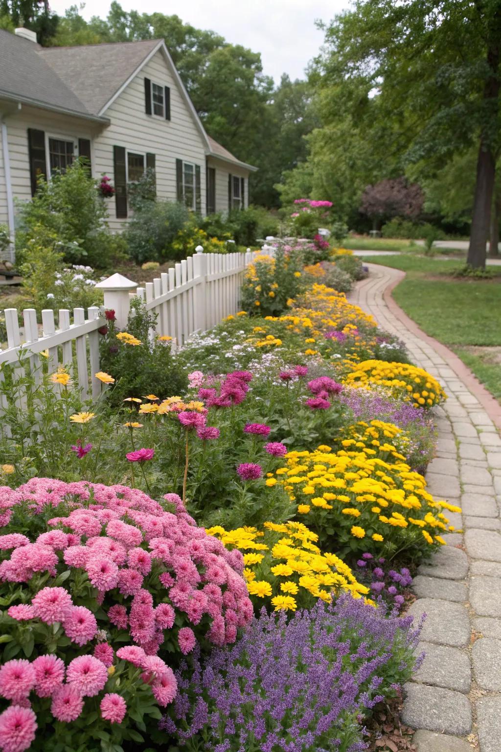 A burst of color from vibrant flowers in a front yard garden.