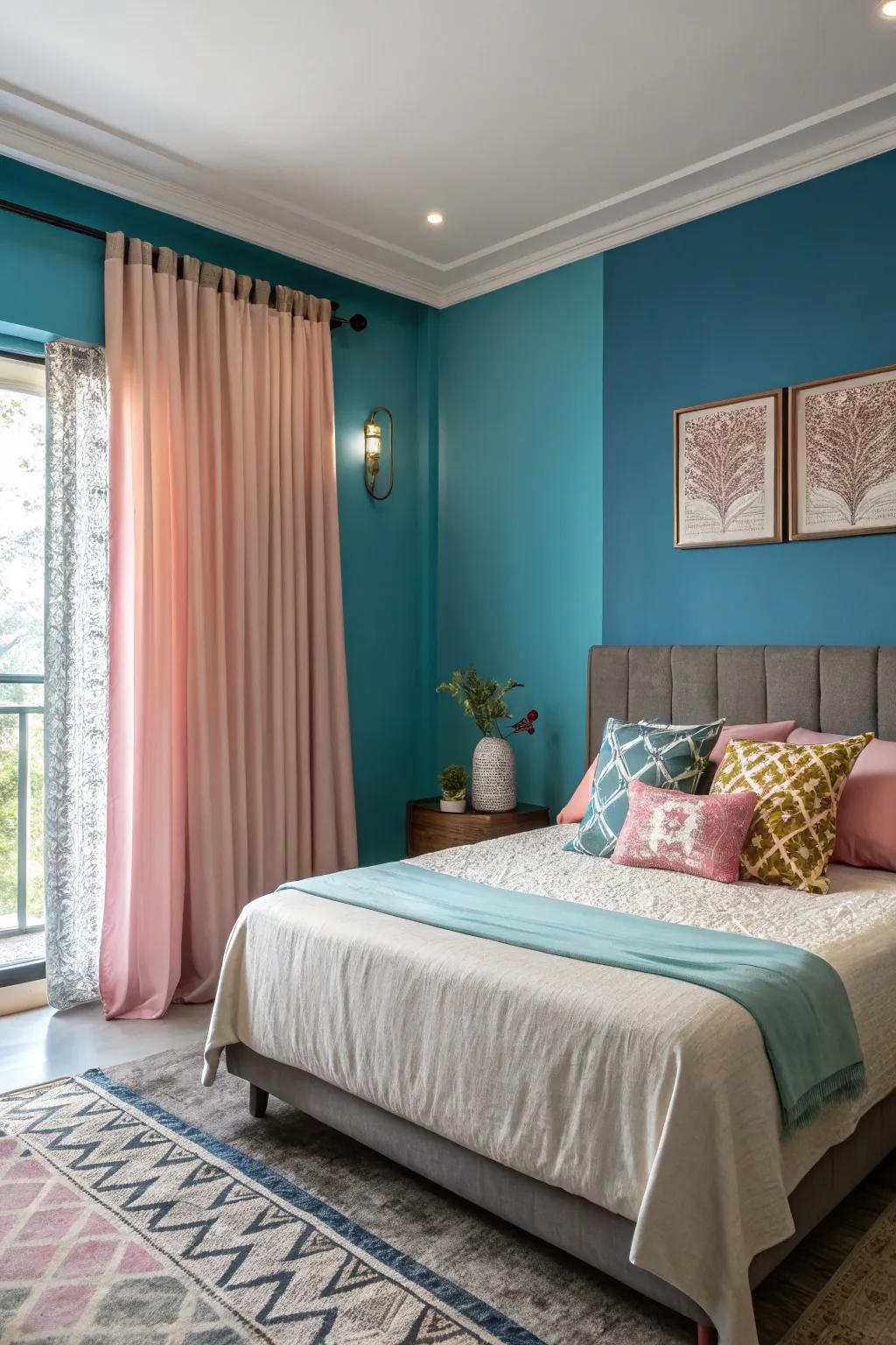 A dynamic accent wall adds character to this tranquil bedroom.