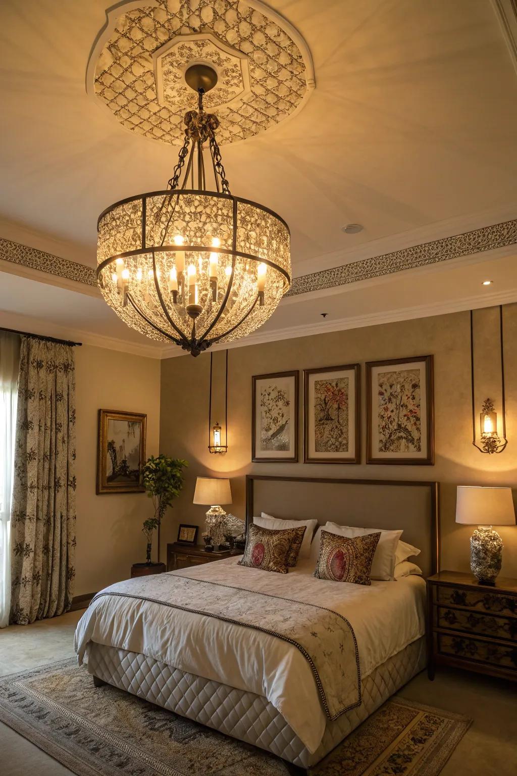 Statement lighting adds both function and flair to a bedroom.