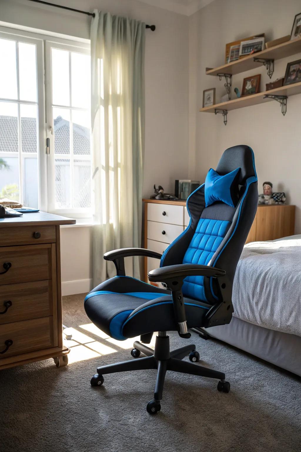 An ergonomic chair adds comfort and style to your setup.