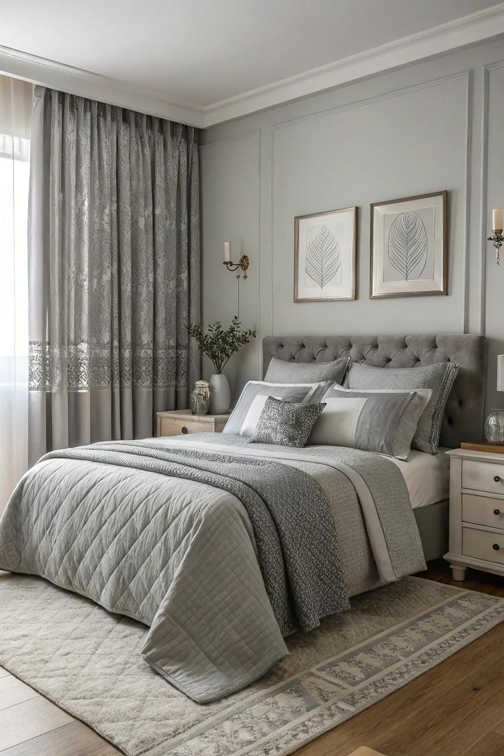 A serene bedroom featuring a harmonious monochromatic gray palette.