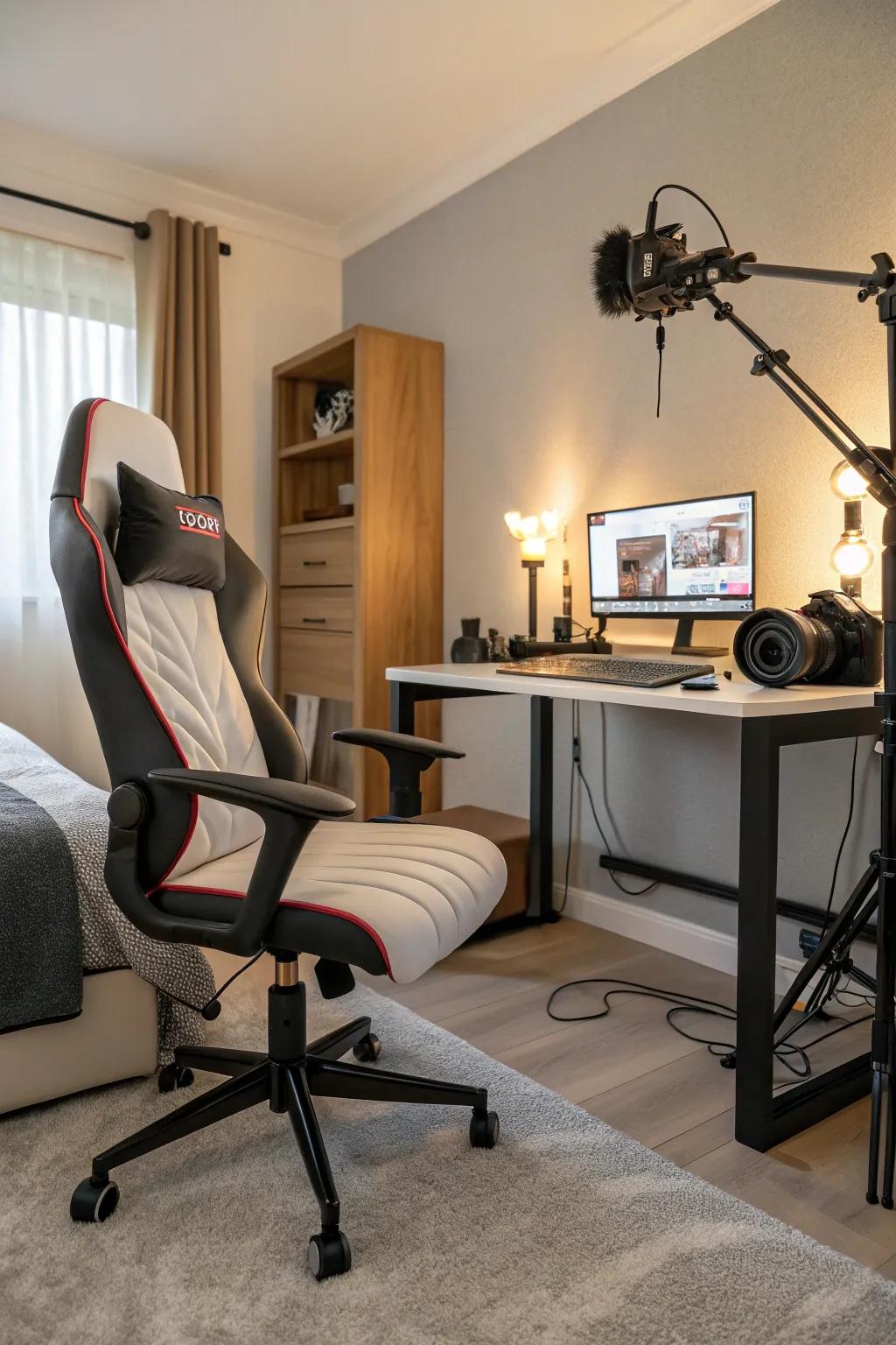 Stay comfortable with ergonomic furniture designed for long streaming sessions.