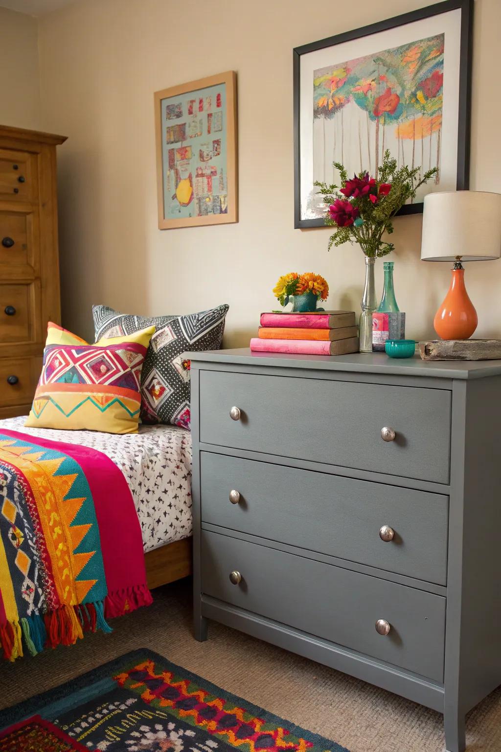 A bold statement with a grey dresser and colorful accents.