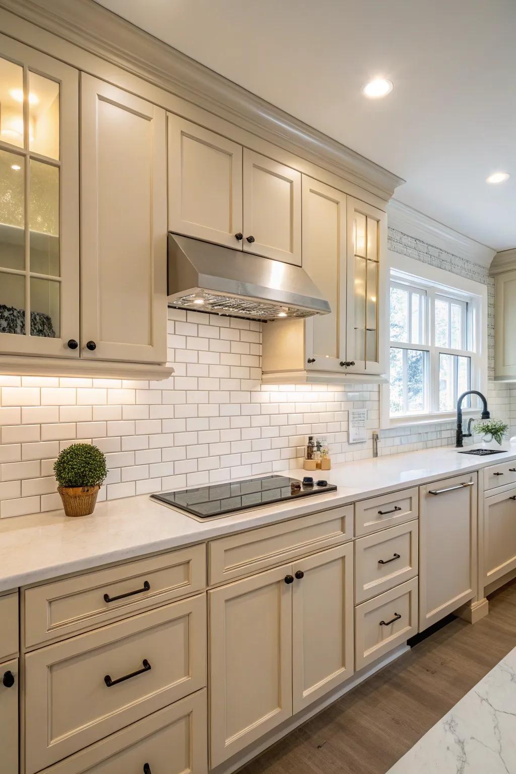 A classic white subway tile backsplash adds brightness to beige tones.