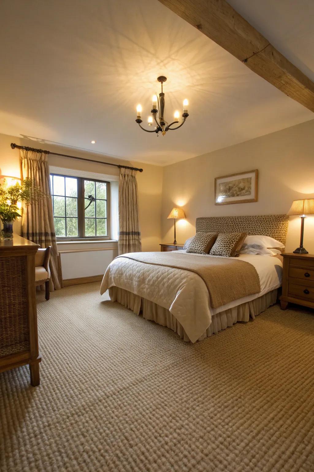 Warm lighting accentuates the soft beauty of a beige carpet in this inviting bedroom.