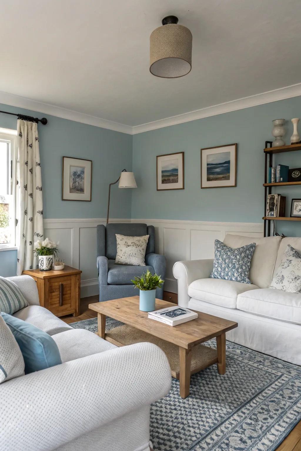 Cloudy blue walls bring a sense of calm and openness.