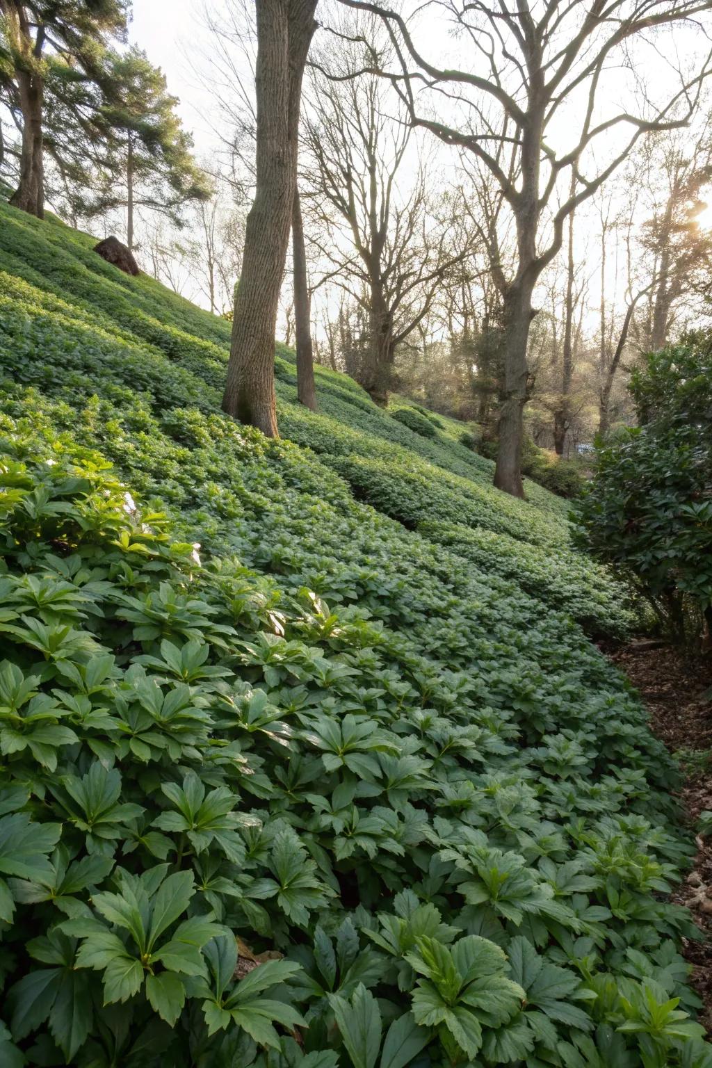 Pachysandra keeps hillsides green throughout the year.