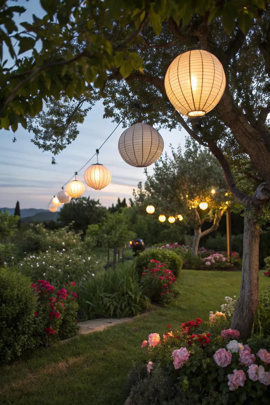 Lanterns and globe lights bring a stylish touch.