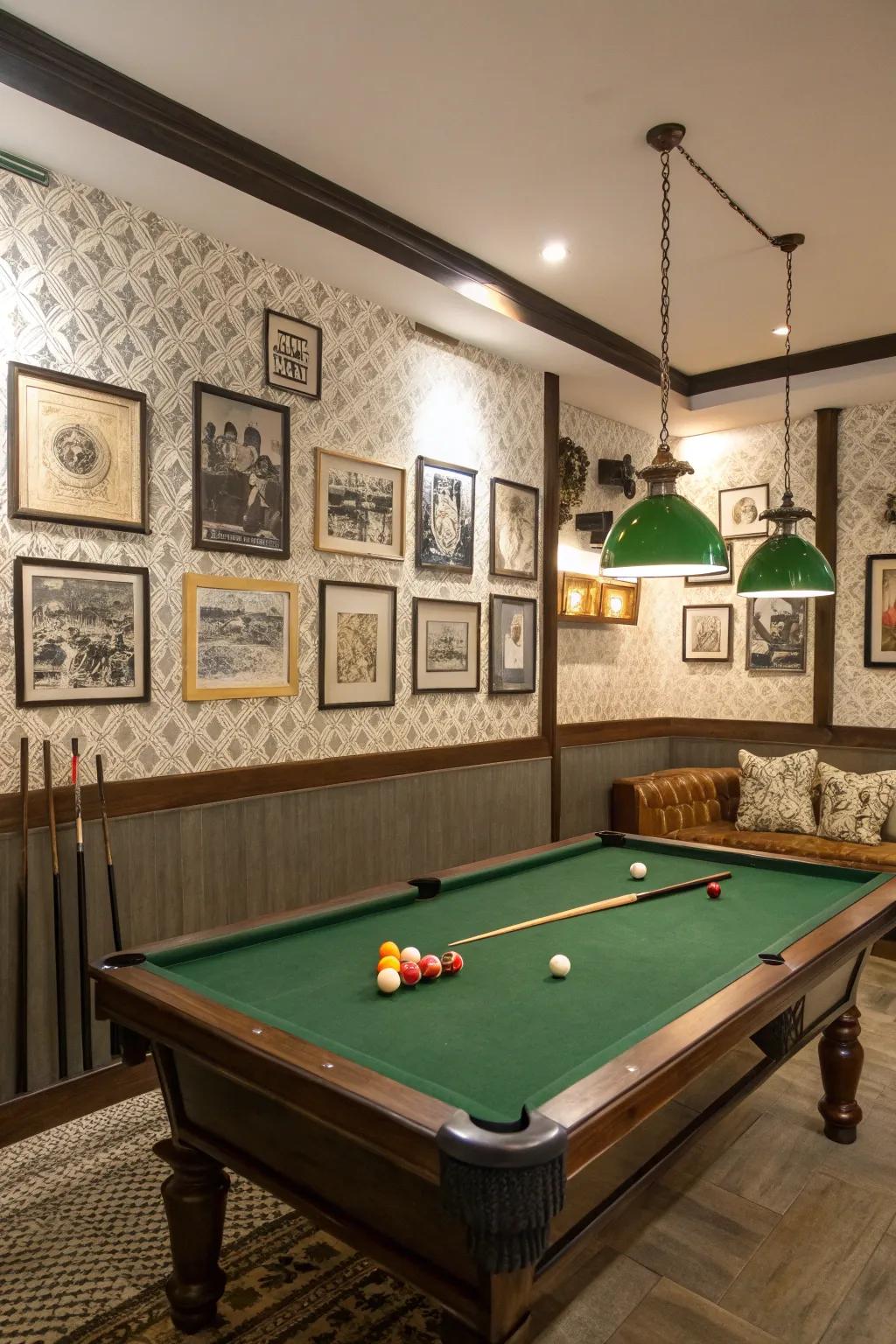 Artistic wall decor adding a personal touch to a billiard room.