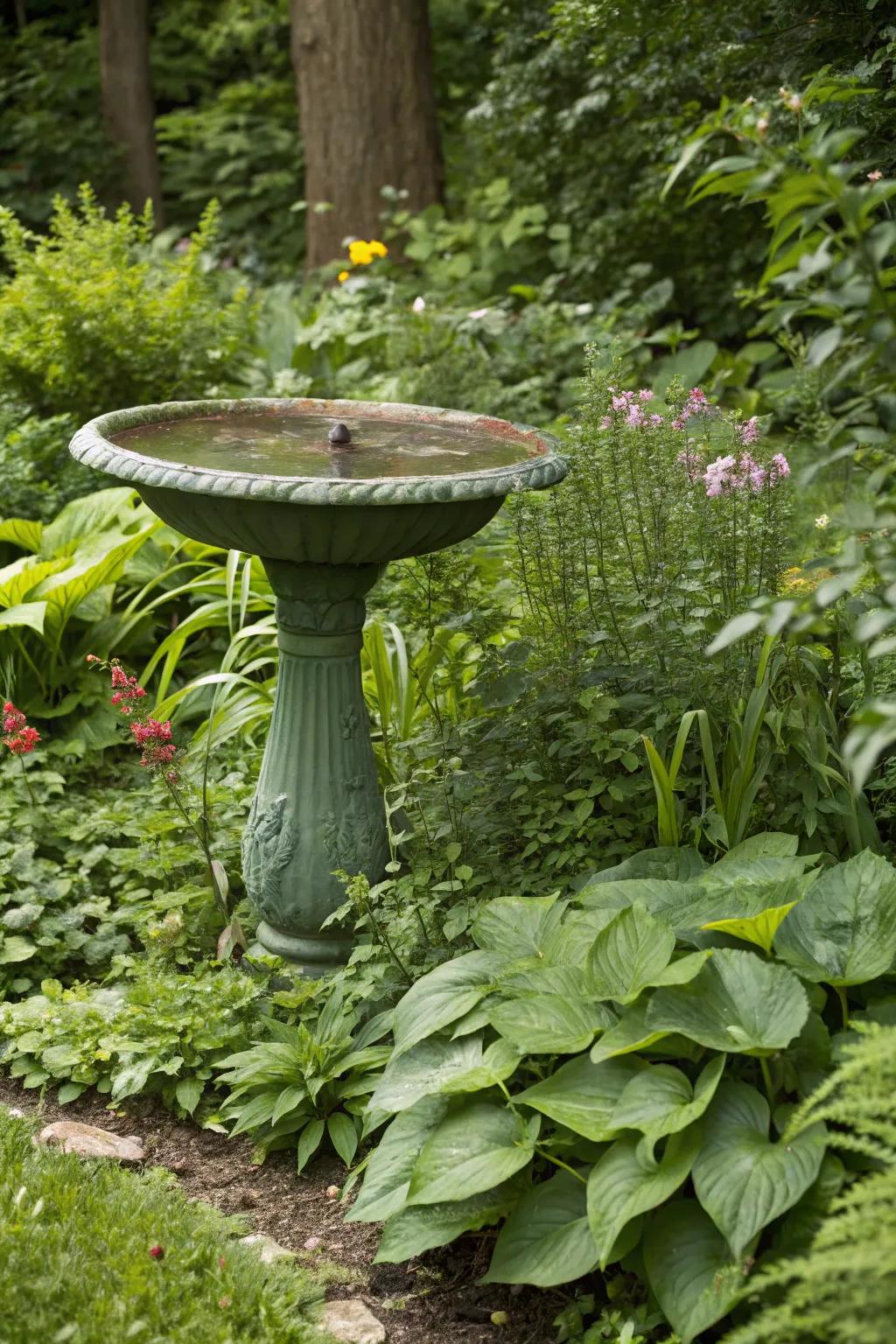 A green bird bath hidden among greenery, offering a natural and inviting spot for birds.