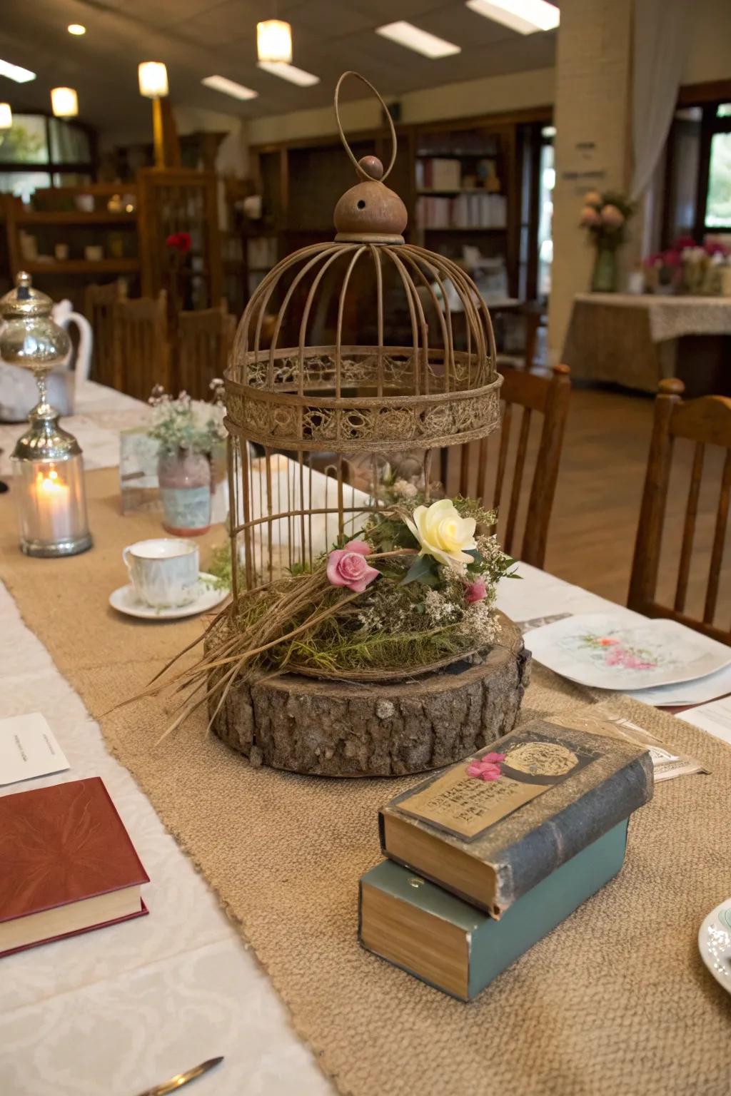 A rustic bird cage centerpiece enhancing a shabby chic table setting.