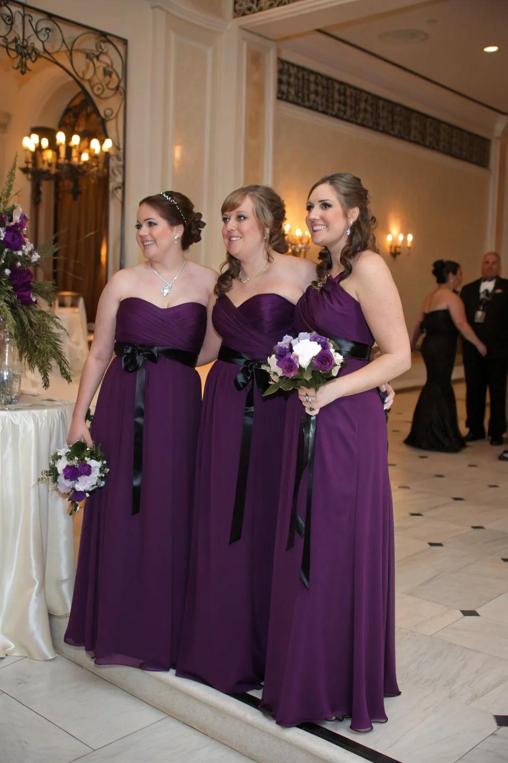 Bridesmaids in deep purple gowns with black sashes.