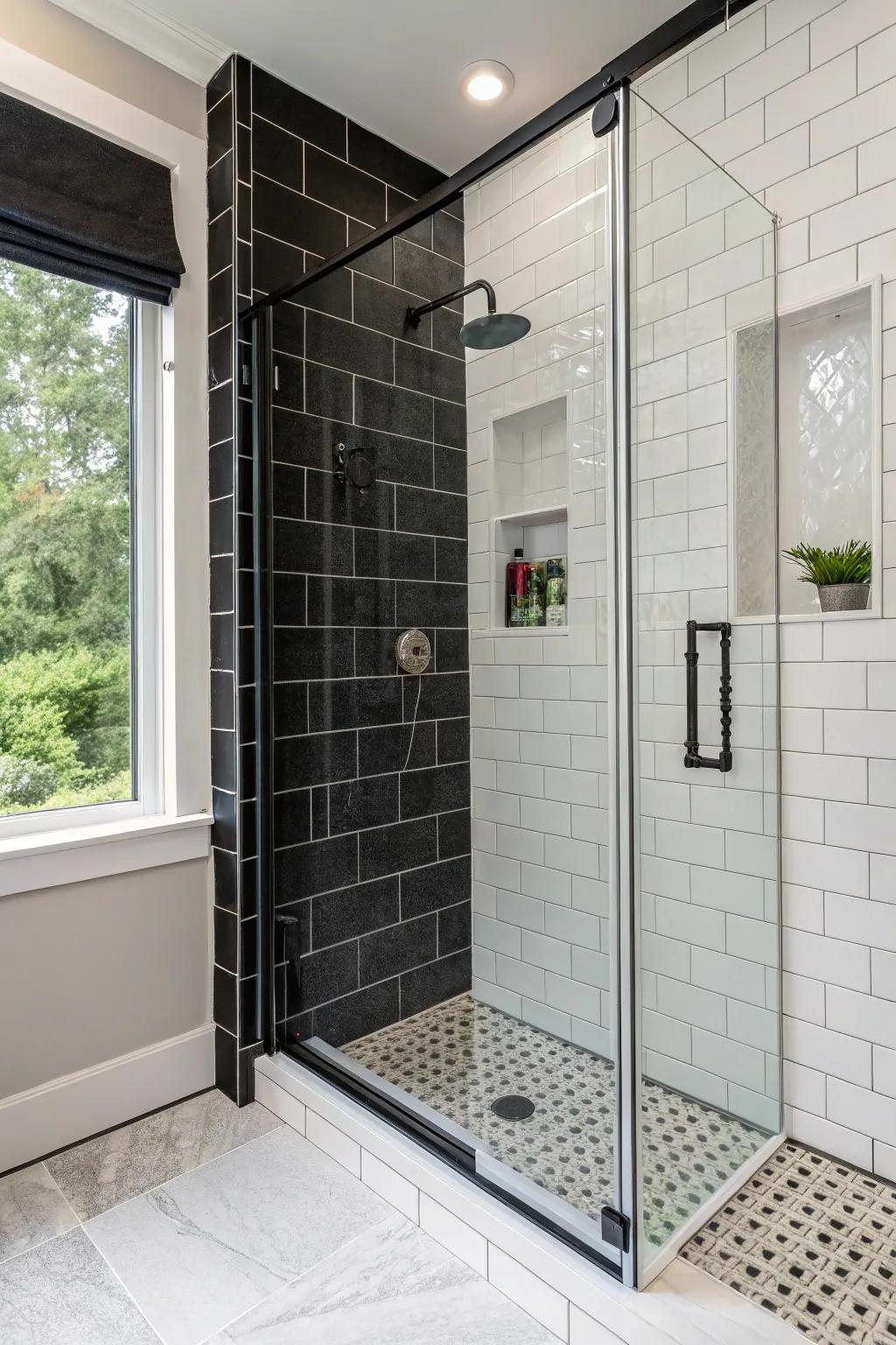 A black tile accent wall brings drama and depth to this shower.