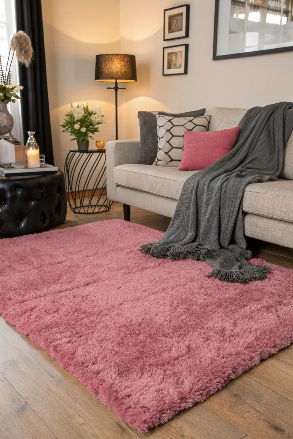 Mixing textures with a plush rug and soft throws for added depth.