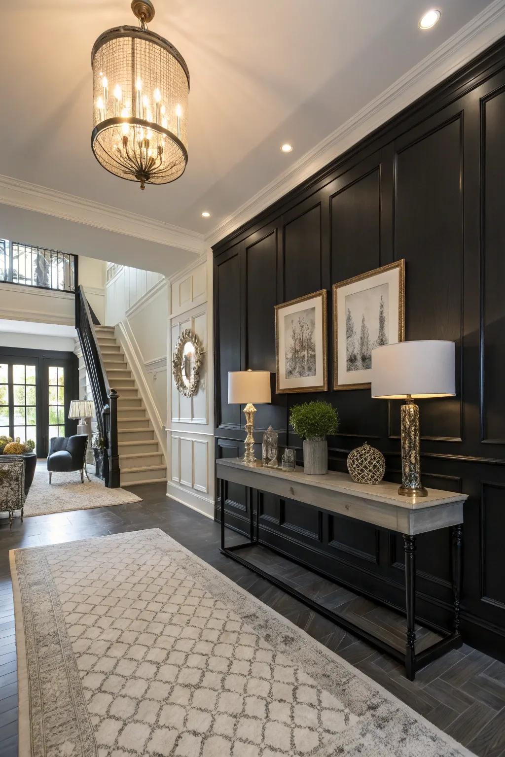 A bold entryway featuring black wainscoting.