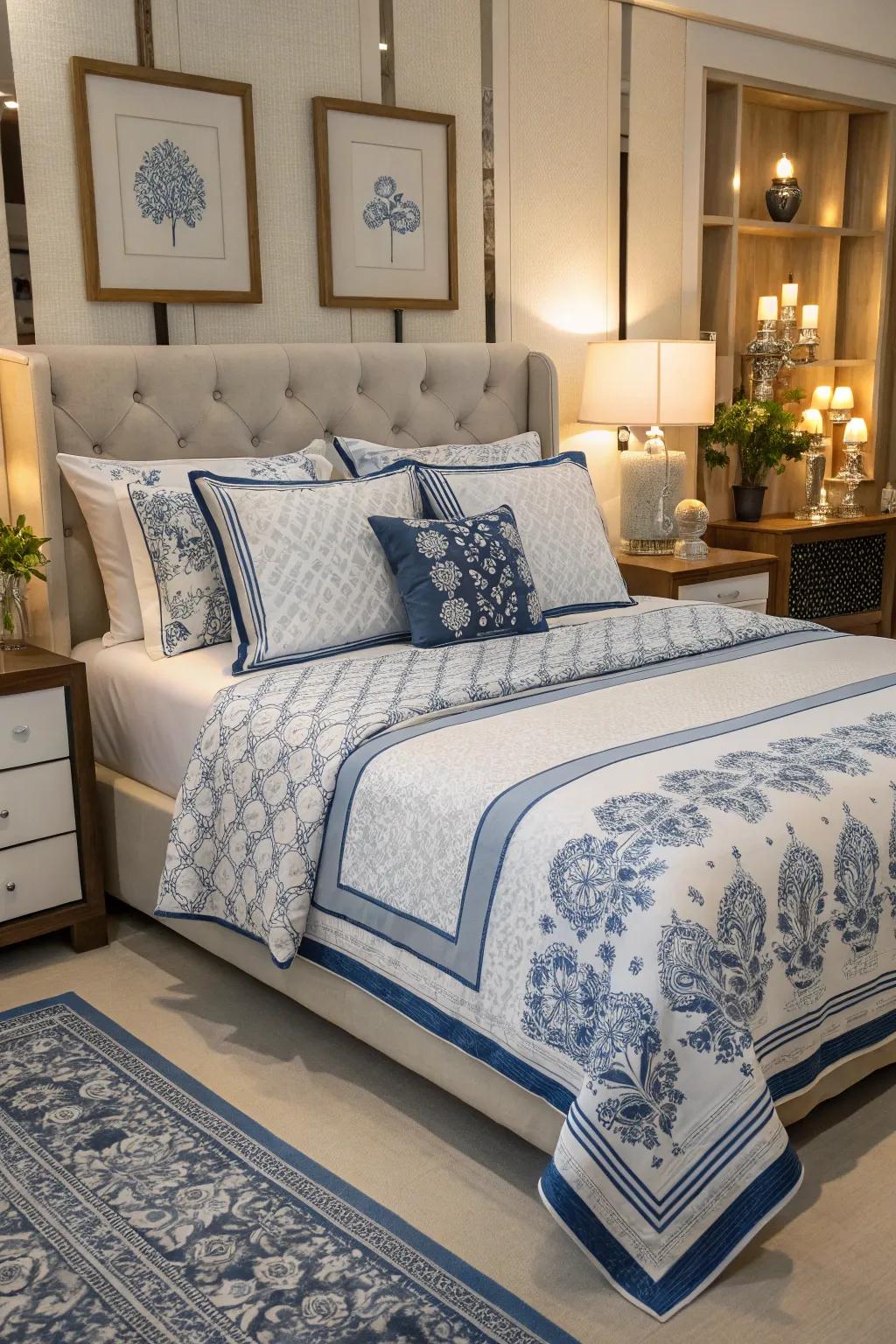 A mix of patterns in blue and white bedding creates a cozy and inviting bed.