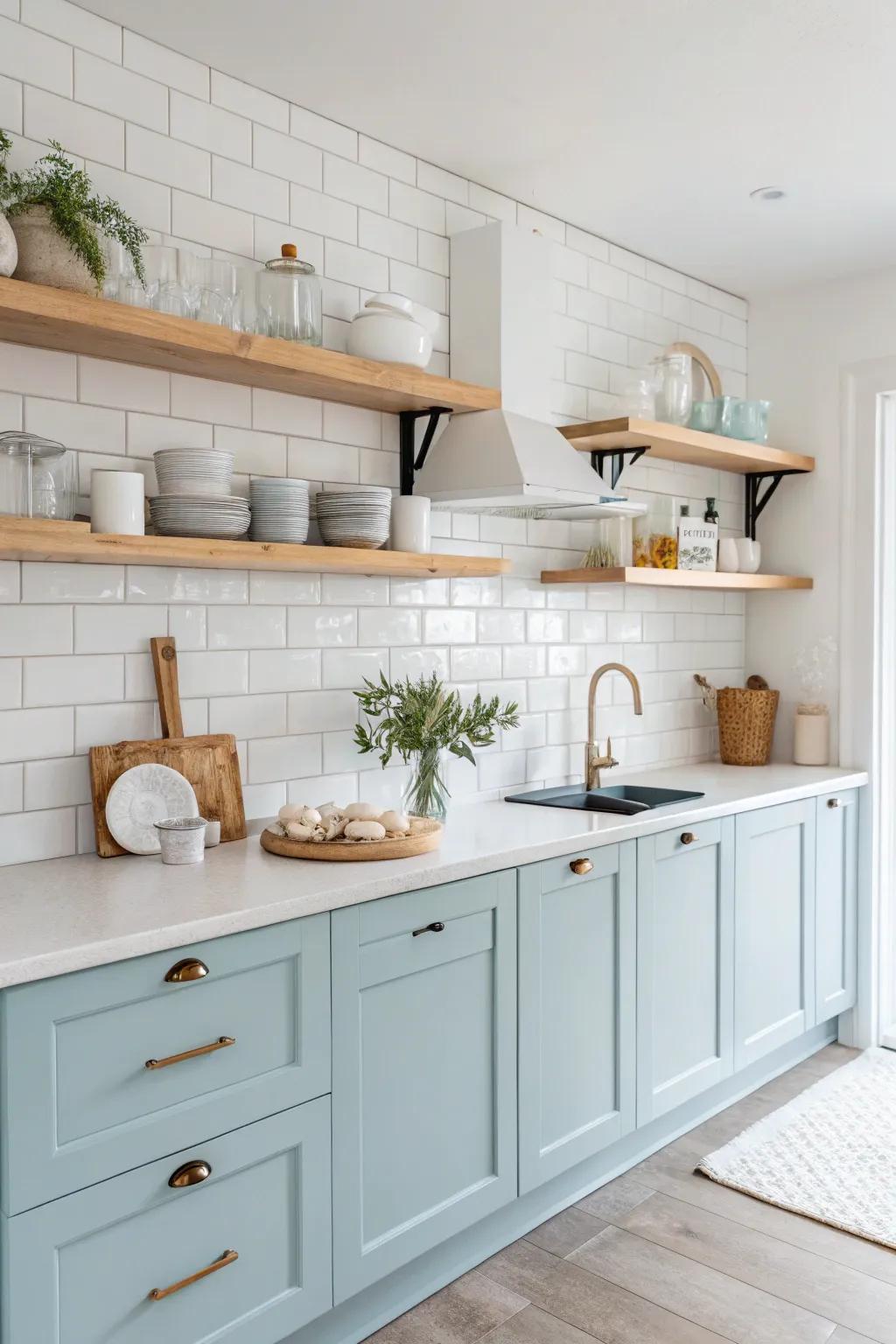 Pastel blue cabinets offer a soft and dreamy aesthetic that's both calming and stylish.