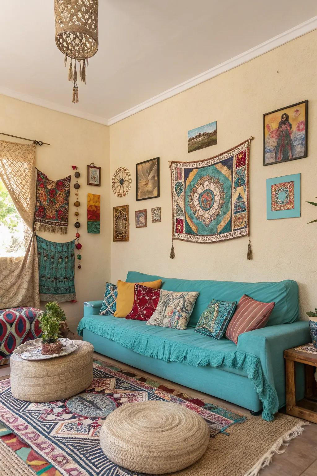 A bohemian living room with a vibrant and earthy color palette.